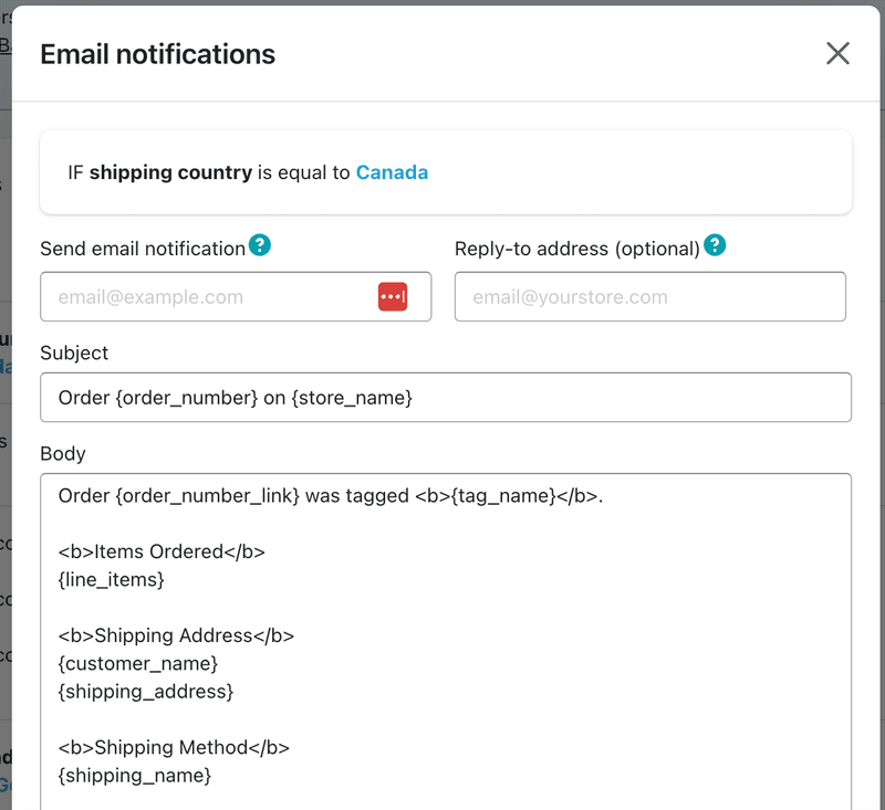 Custom email notification editor in shopify