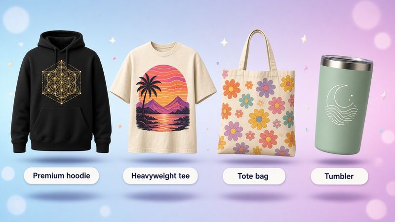 Top-selling print on demand products: premium hoodie, heavyweight tee, tote bag, and tumbler