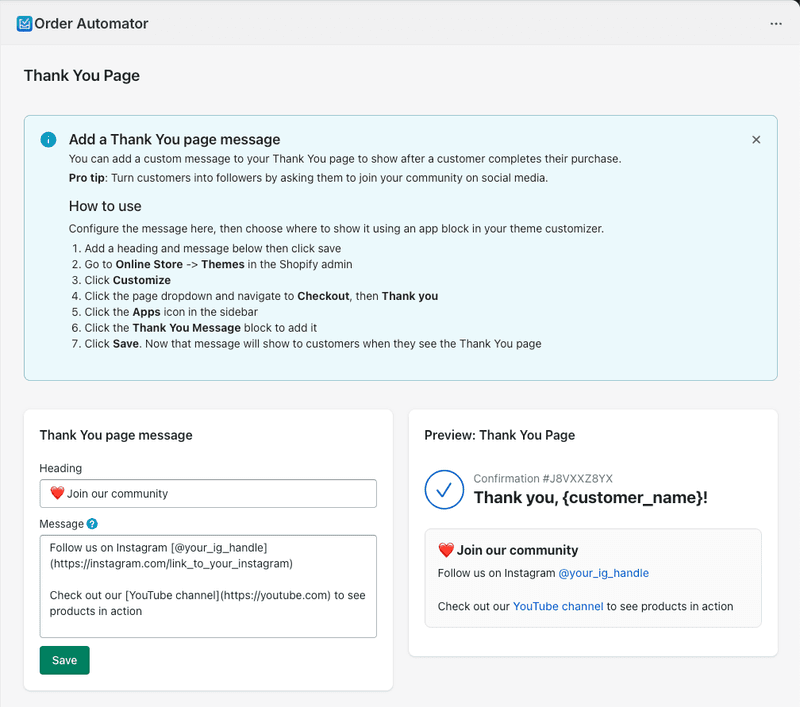 Order Automator thank you page customizer