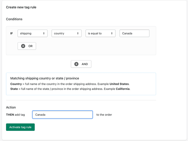 Create a rule to tag shopify orders from a certain country