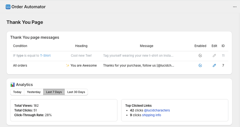 Order Automator thank you page messages + analytics