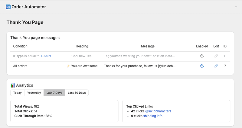 Order Automator thank you page messages + analytics
